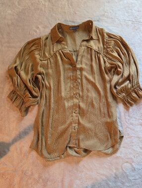 Democracy Rust-Tan Dot-Print Button Down Blouse